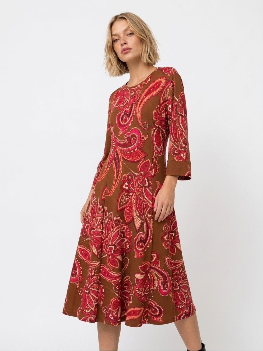 Donna Morgan Dress Size 16 NWT Brown Red Paisley 3/4 Sleeve A-Line Stretch Midi